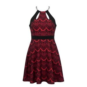 NWT Bebe Fit & Flare Dress Womens XS Red Black Lace Empire Waist Halter Back Zip